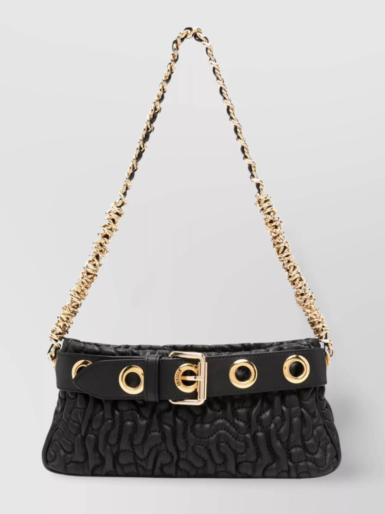 MOSCHINO DISTRESSED LEATHER SHOULDER BAG WITH CHAIN-LINK STRAP