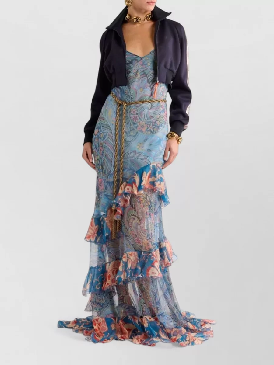 Etro Silk Floral-Print Ruffled Spaghetti-Strap V-Neck Maxi Dress