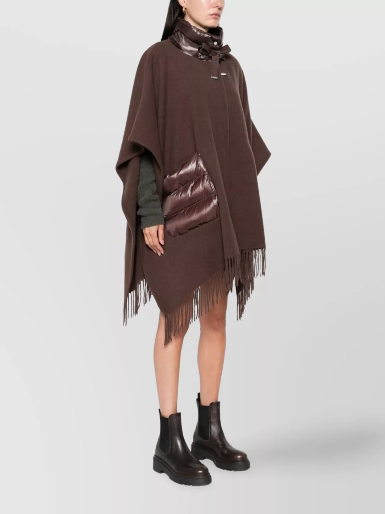 Herno Fringed Poncho With High Neck And Hood