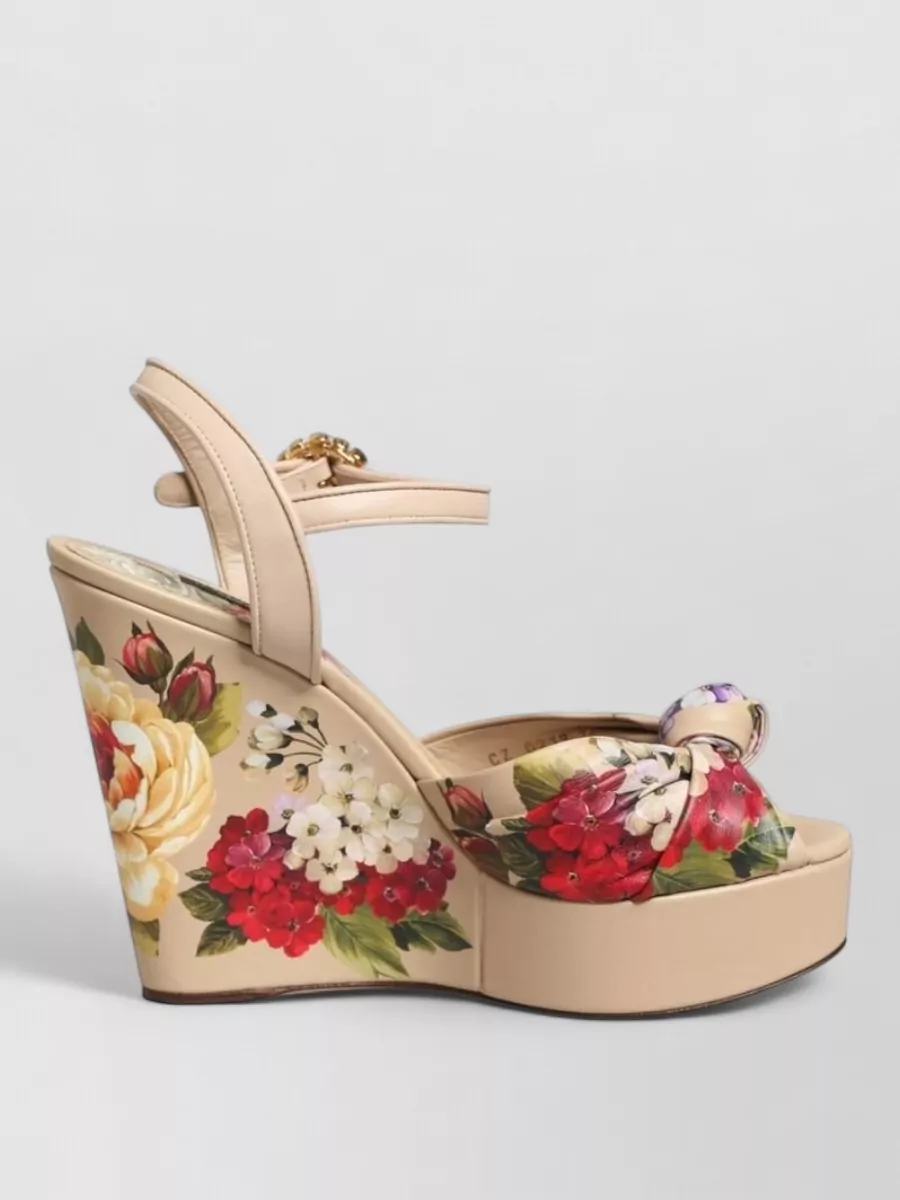 Dolce&Gabbana Leather Floral Ankle Strap Wedge Sandals