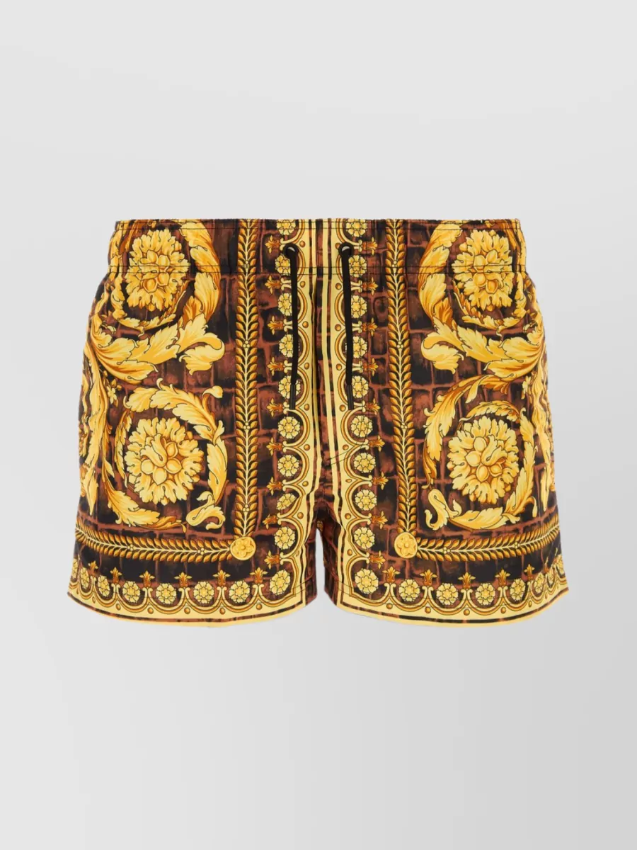 Shop Versace Patterned Swim Trunks With Multiple Pockets In Yellow