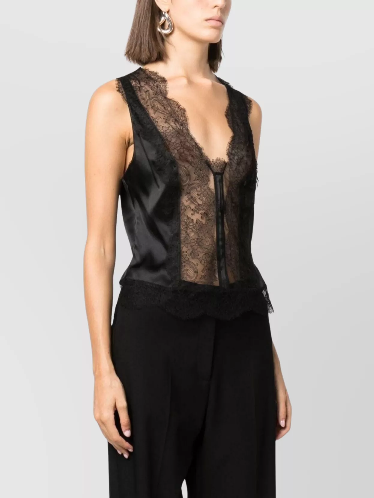 Tom Ford Lace trim satin sheer v-neck top | The Fashion Square