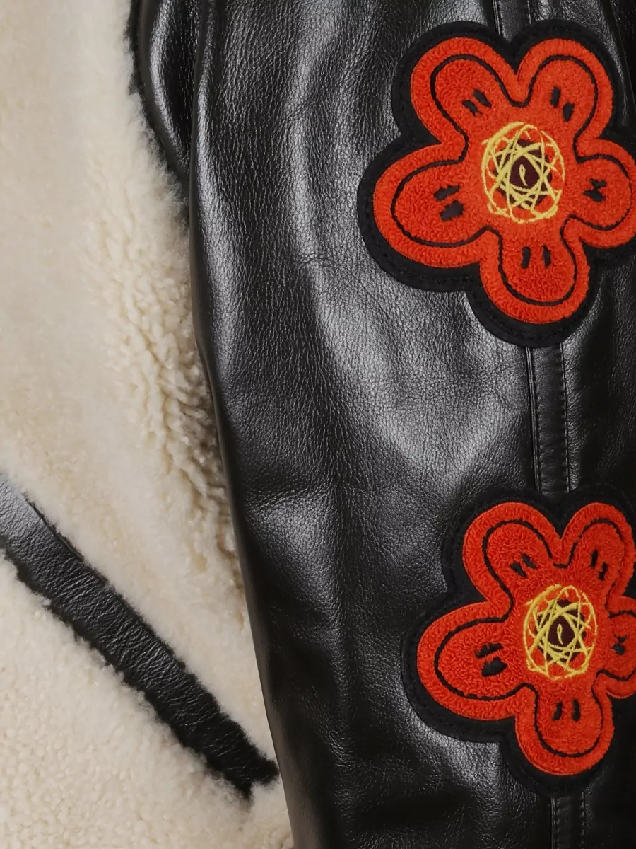 Kenzo Bicolor Bomber Jacket With Floral Patches And Leather Sleeves