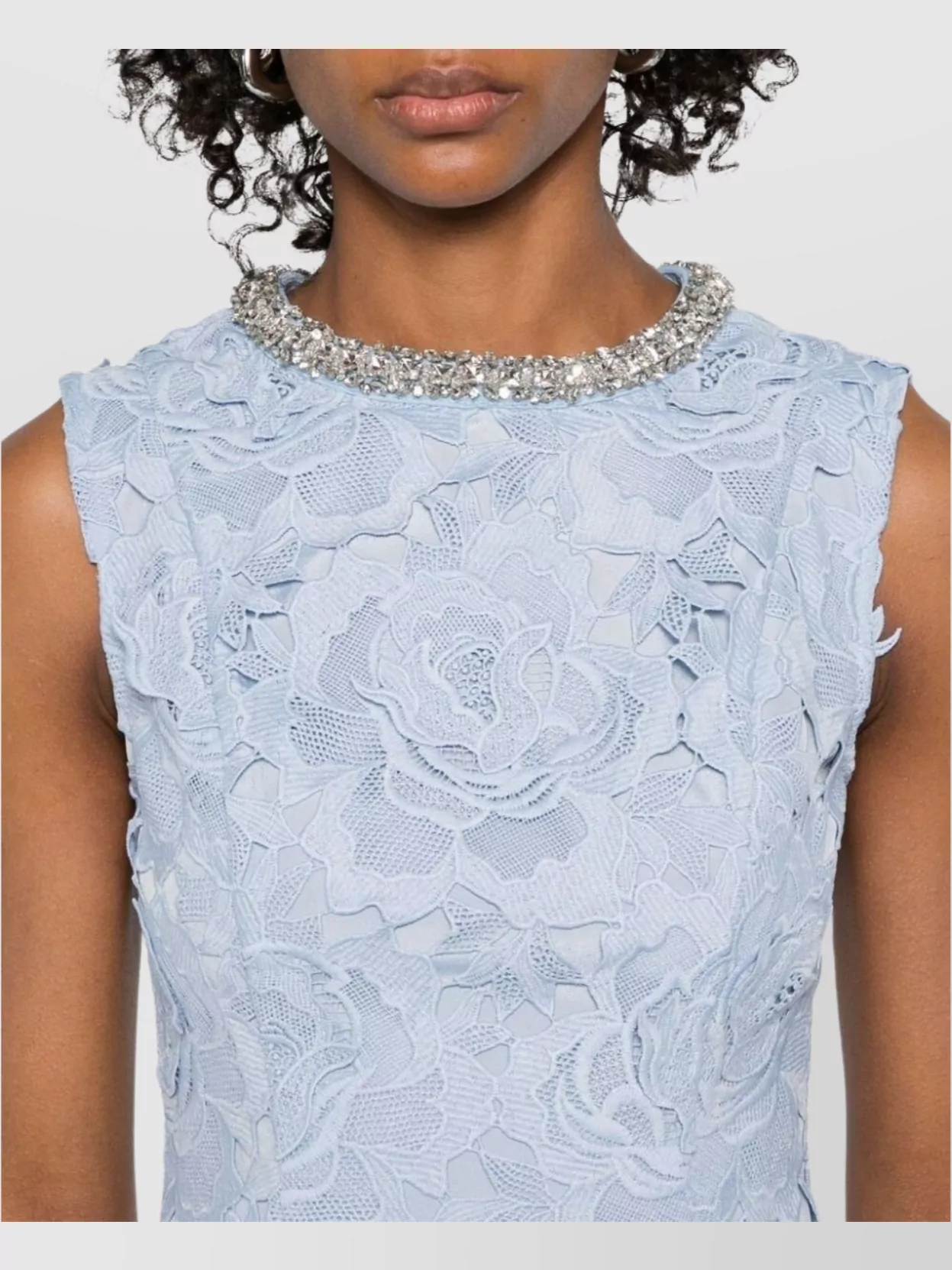 Self-portrait Bue Crewneck Mini Dress With Rhinestoned Collar And All-over Floral Lace Embroidery In Tech Fabric W