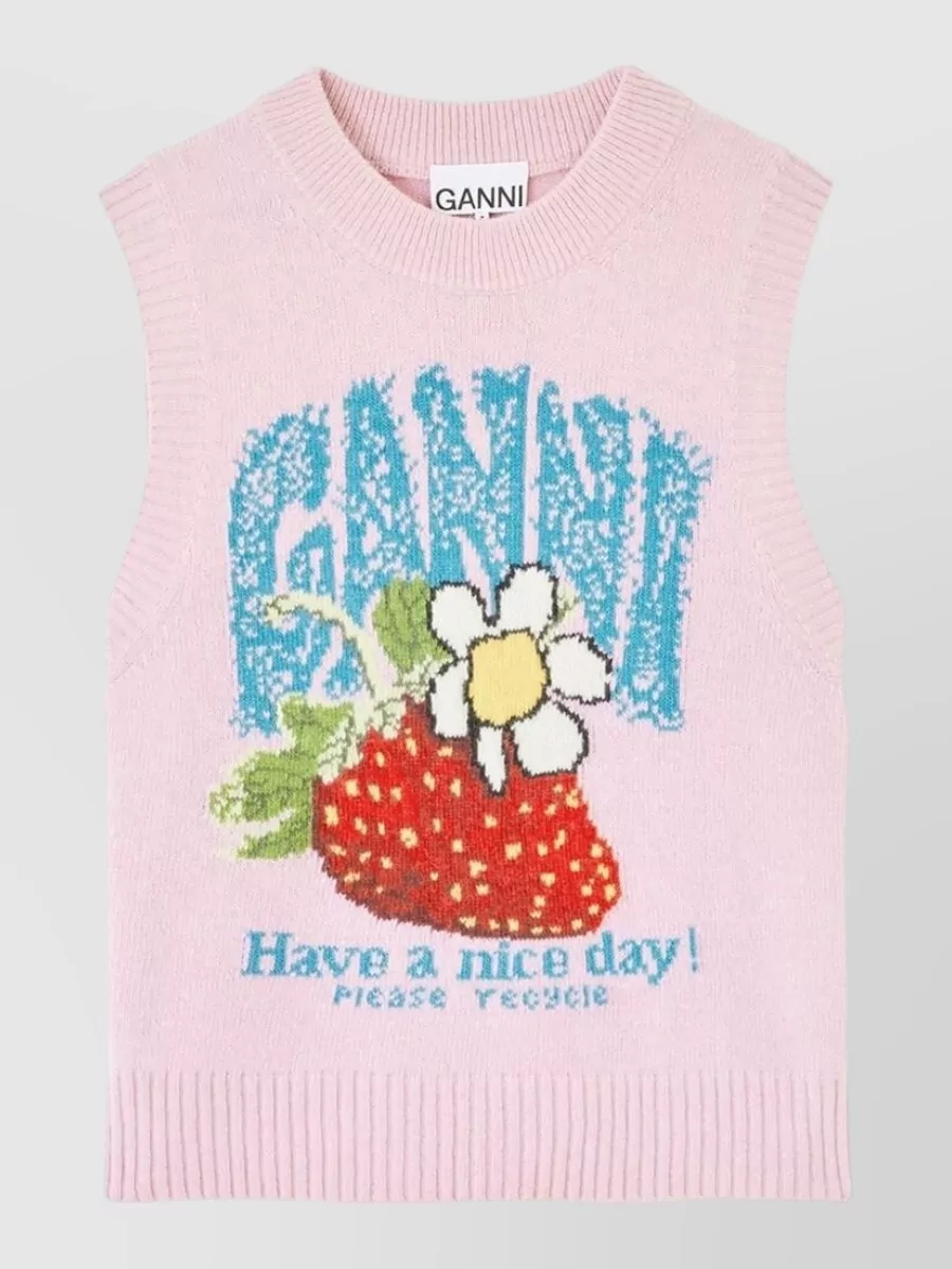 Ganni wool-blend ribbed strawberry-intarsia knitted vest