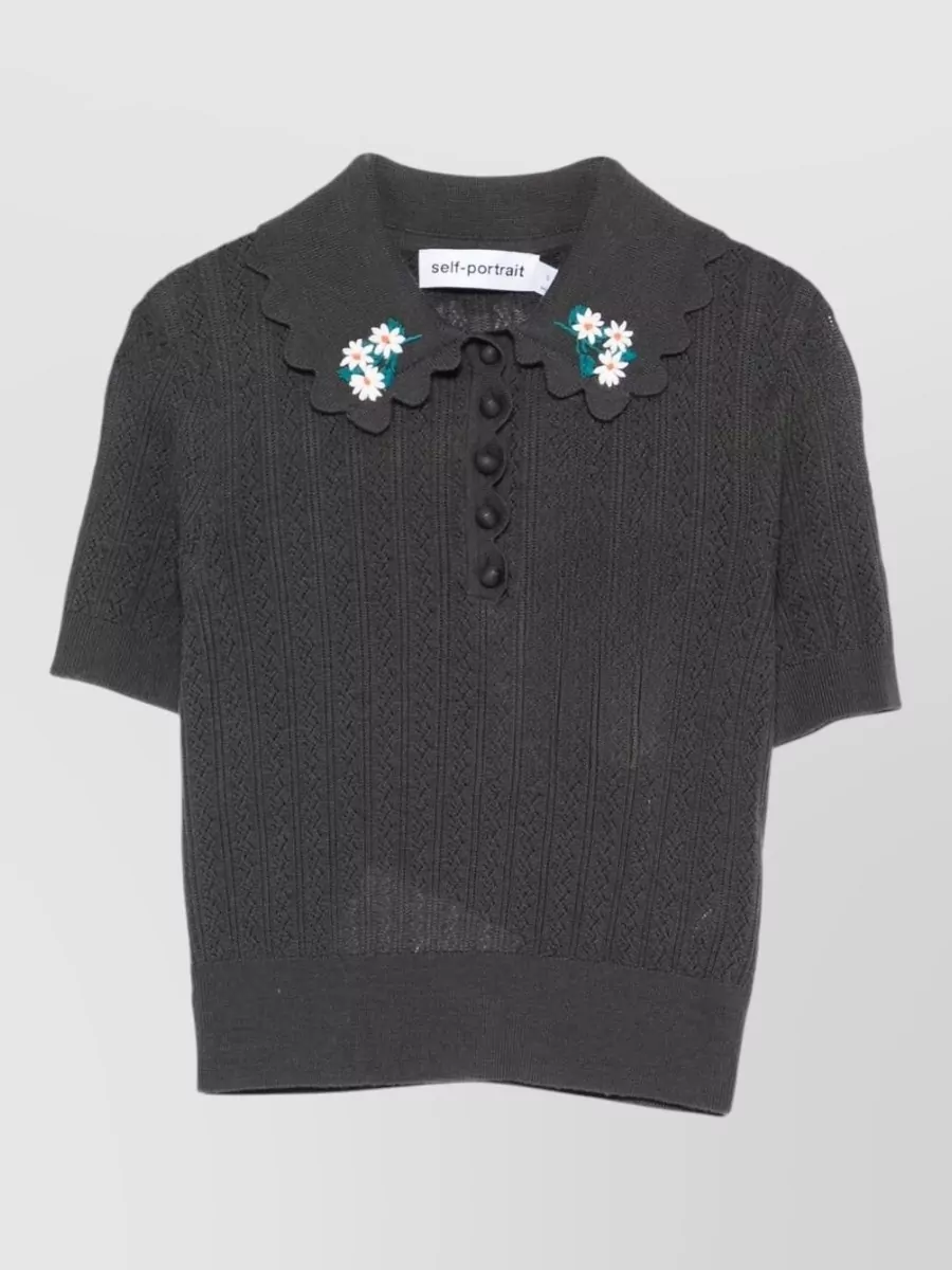 Self-Portrait Wool floral appliqué scalloped-collar short-sleeve polo top