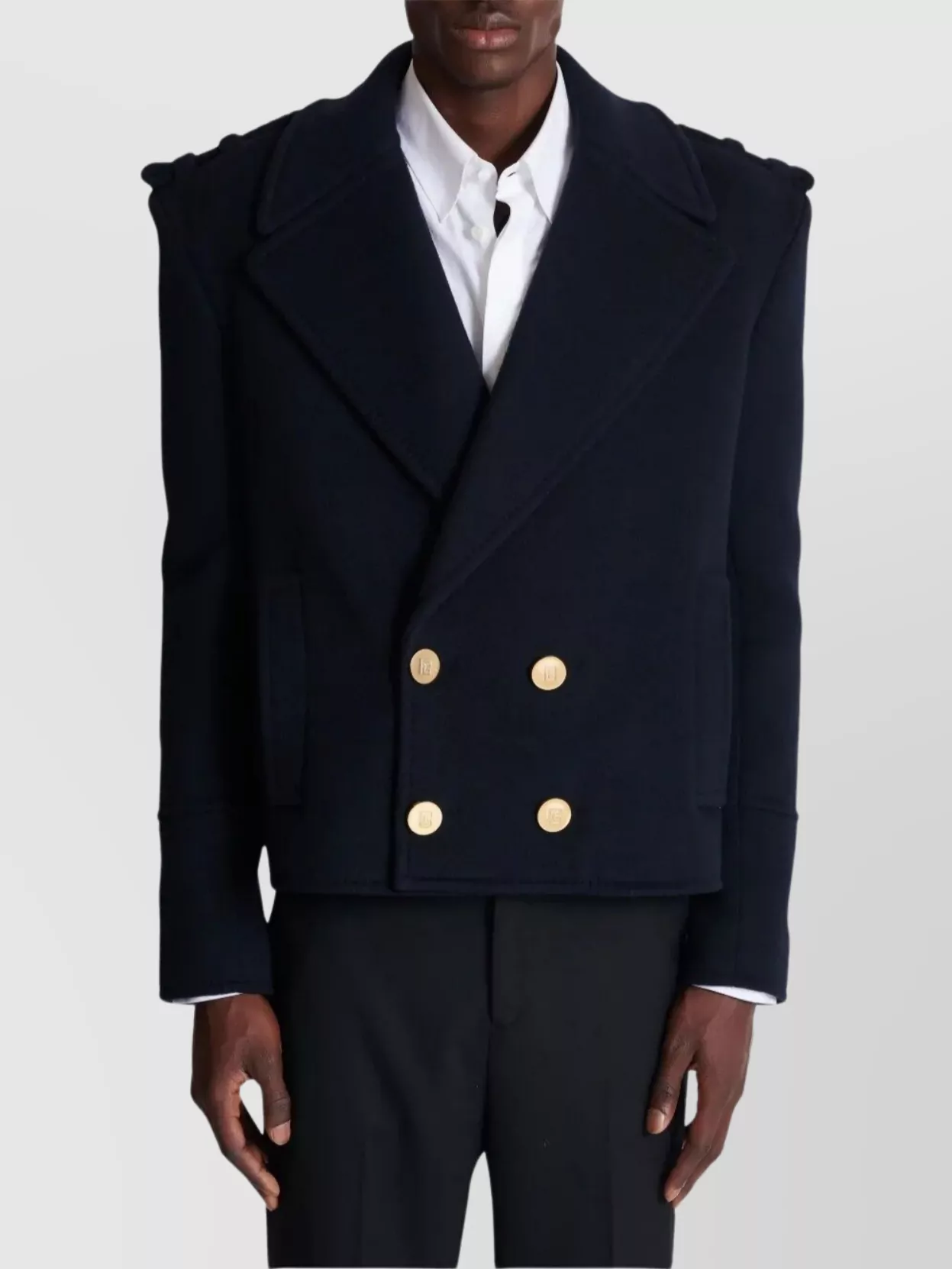 Balmain Cropped Double Breasted Wool Peacoat