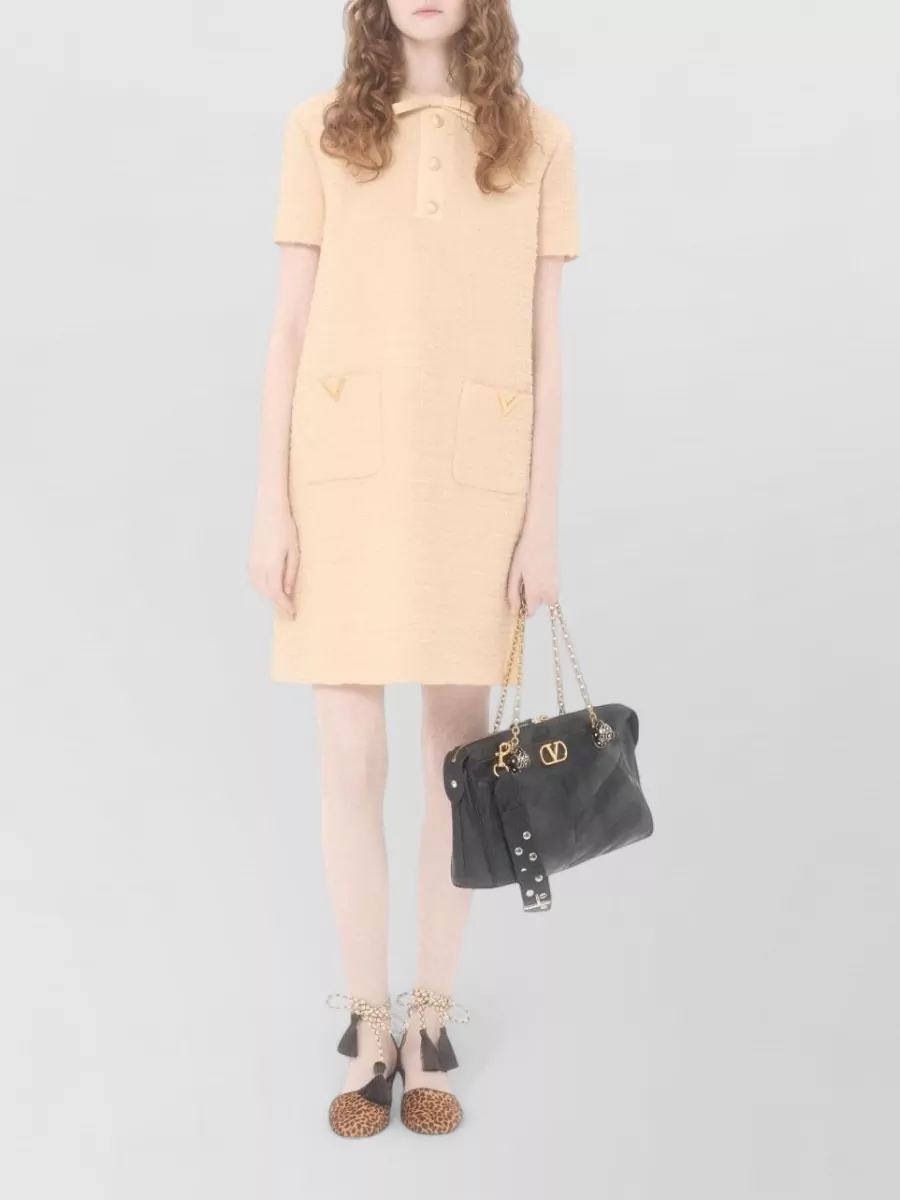 Valentino Wool Dress Short Sleeves Textured Fabric Bow In Neutral