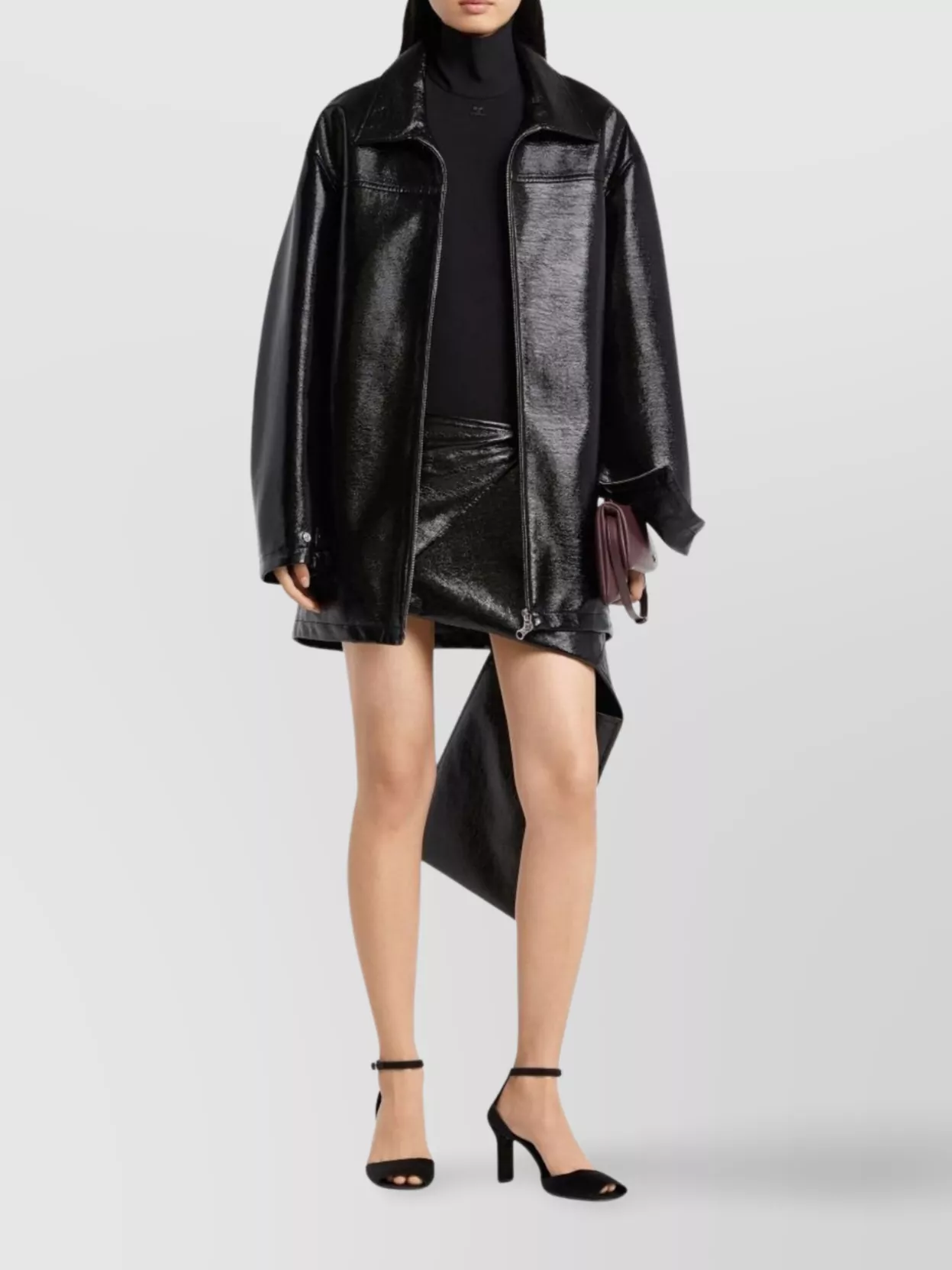 Courrèges Long Vinyl Bomber Jacket With Belted Waist In Black