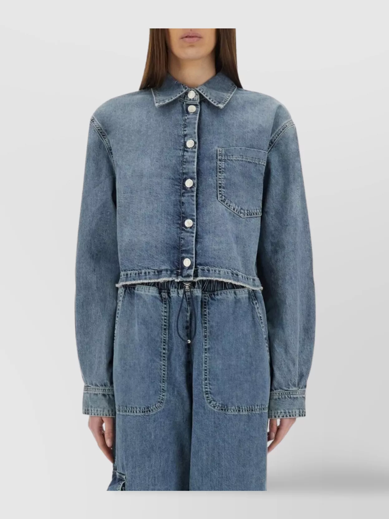 Shop Moschino Pocketed Cropped Denim Jacket