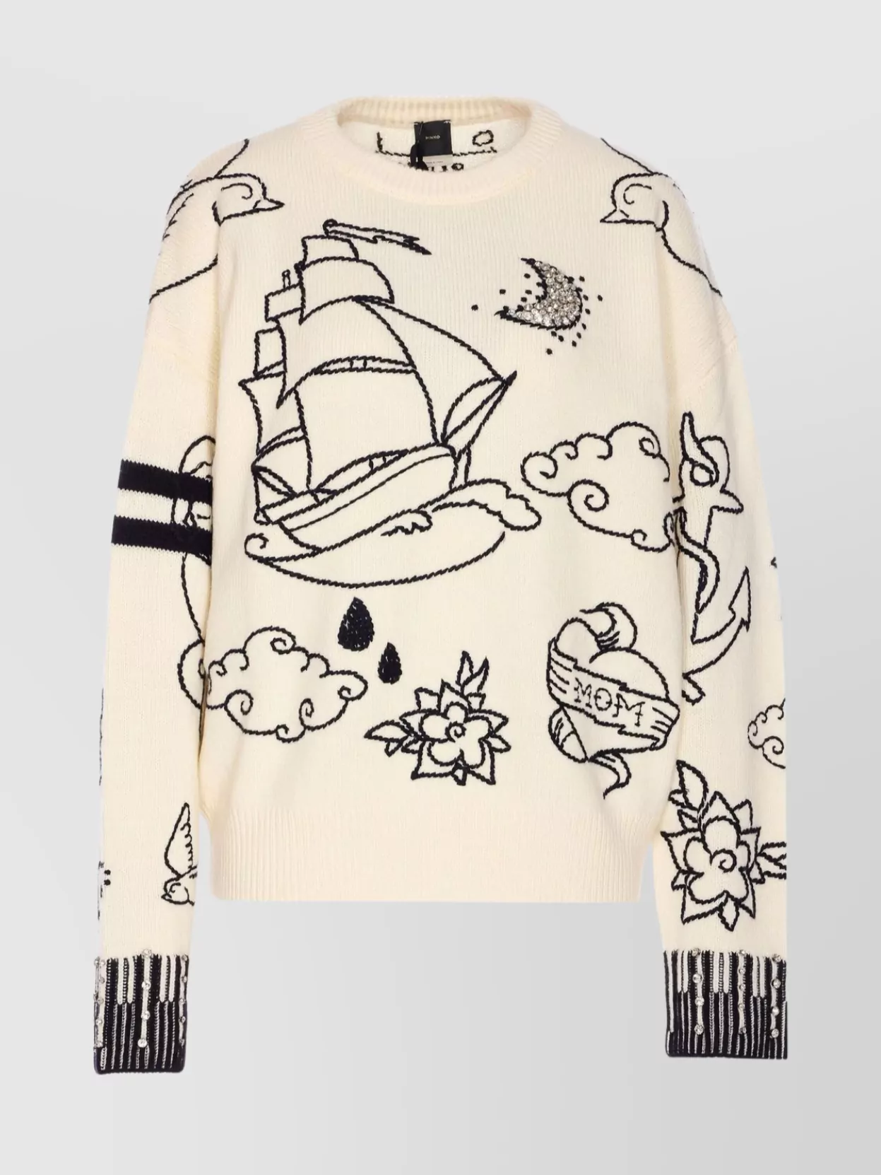Pinko Embroidered Crew Neck Knitwear With Crystal Embellishments