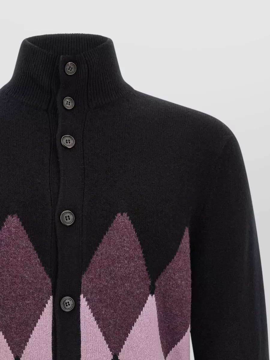 Ballantyne Cashmere Ribbed High Neck Diamond Intarsia Cardigan