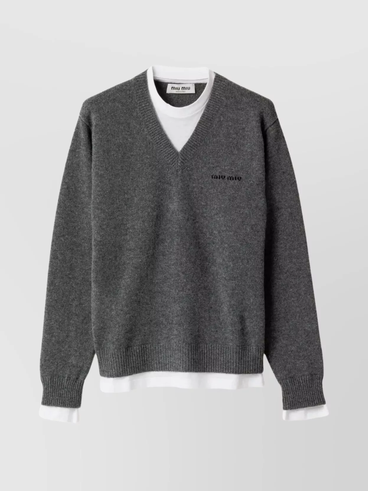 Miu Miu Cashmere V-neck Sweater With Jersey Inserts In Gray