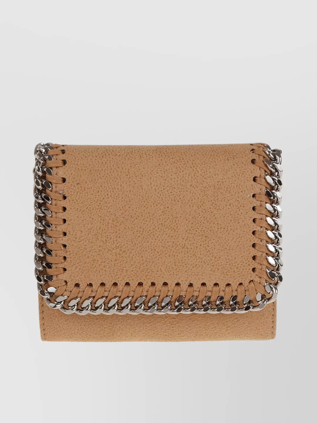 Shop Stella Mccartney Compact Chain Wallet With Textured Flap And Fold-over Detail In Beige