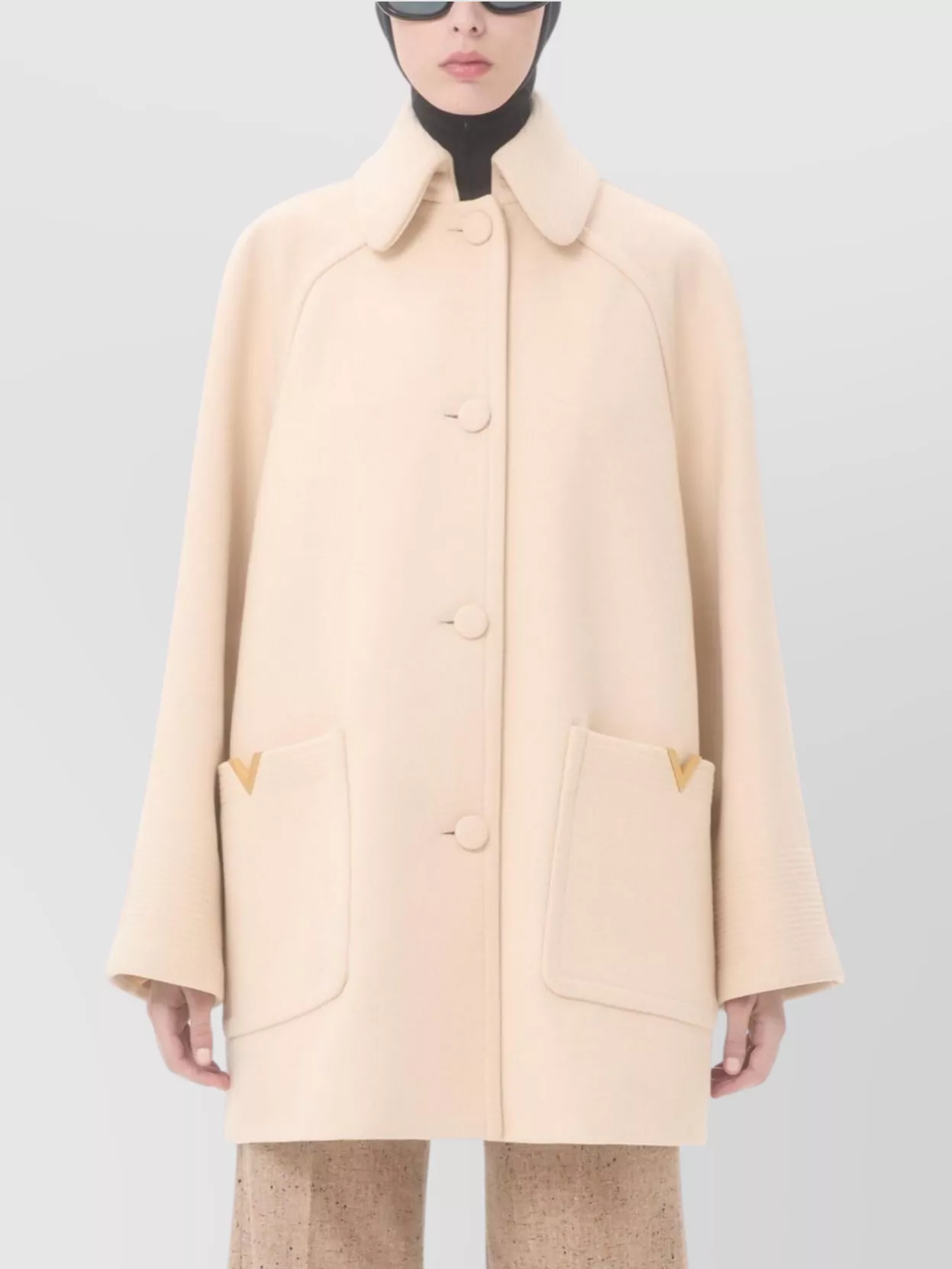 Valentino Wool Coat With Rounded Collar And Pockets In Neutral