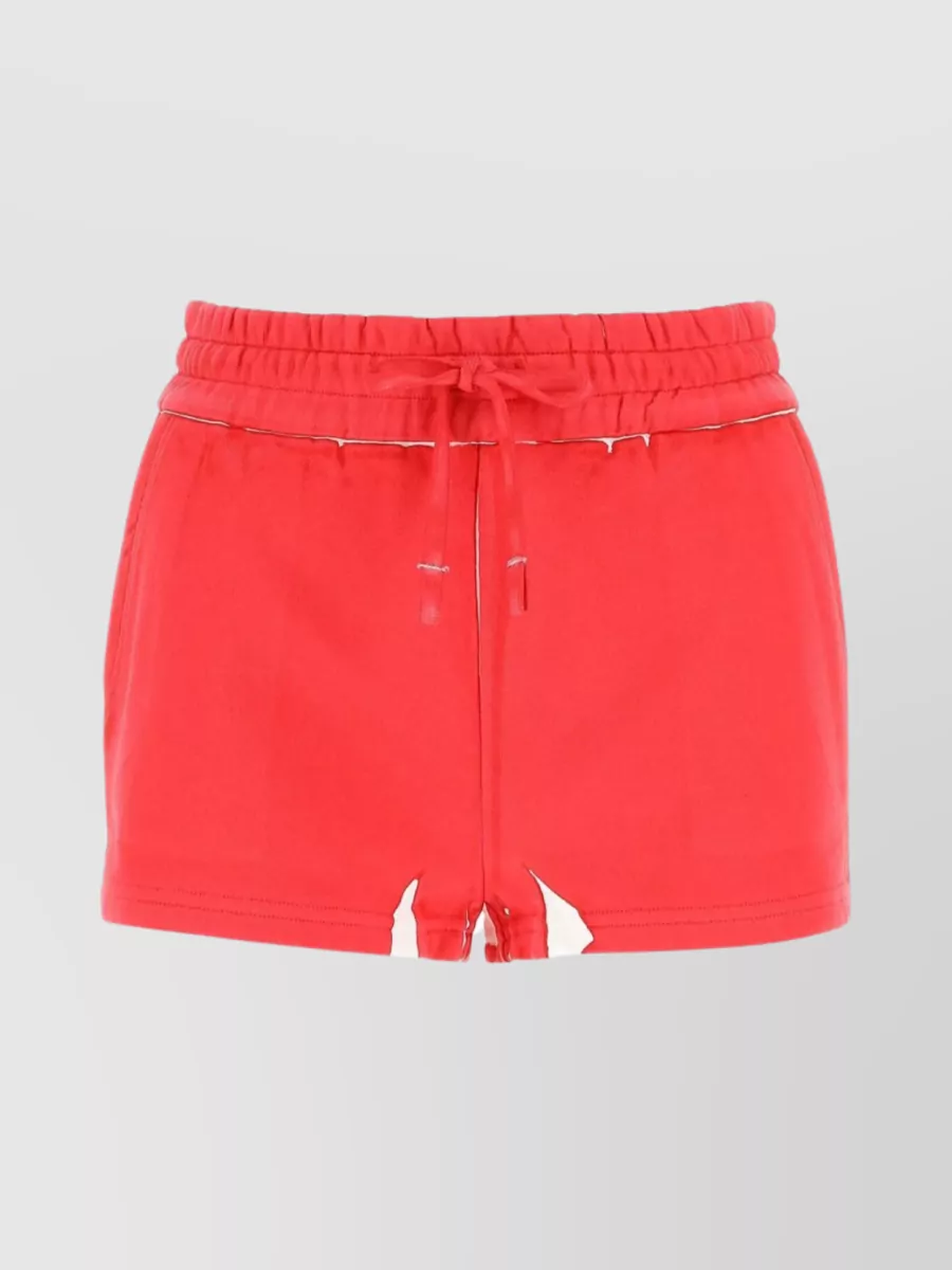 Shop Miu Miu Cotton Shorts With Elastic Waist And Raw Hem In Red
