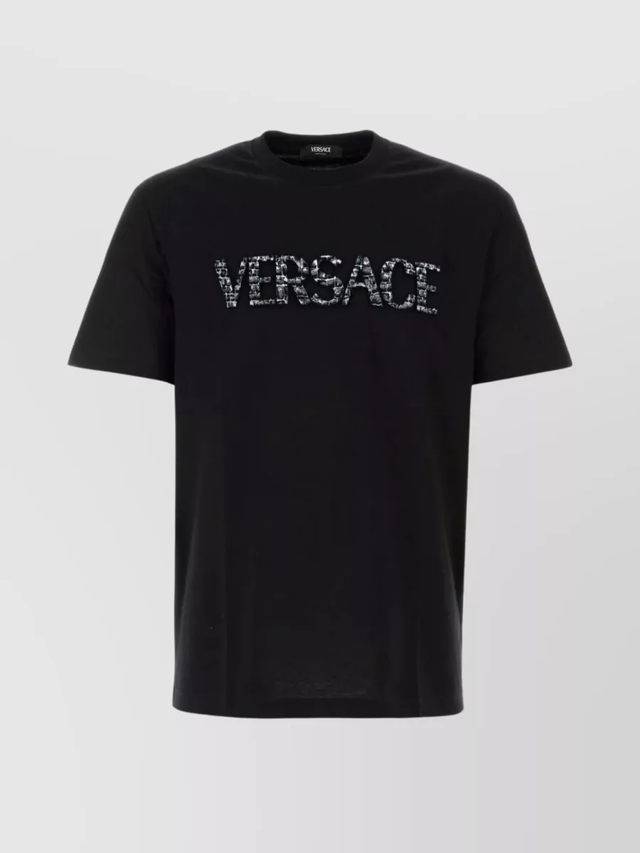 Shop Versace Logo Embellished Cotton Crew-neck T-shirt In Black