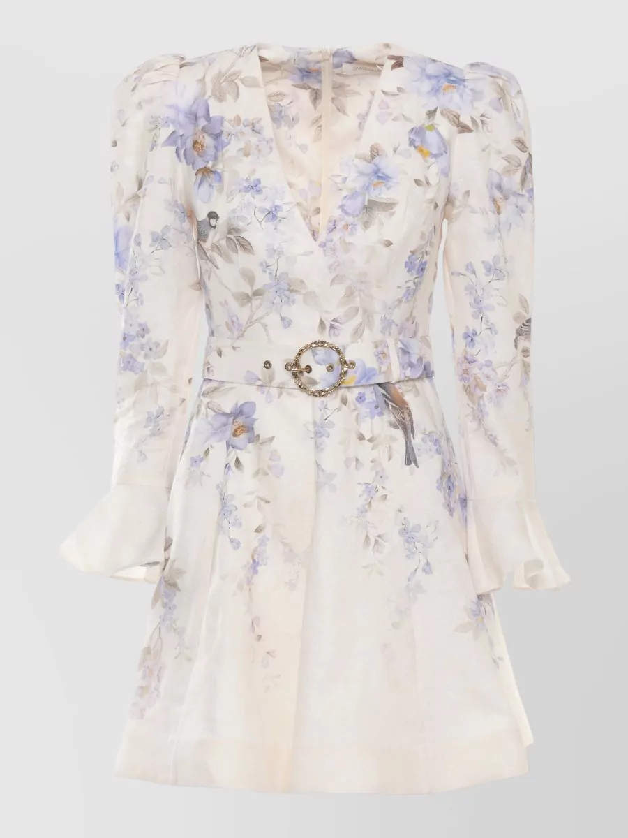 Zimmermann Linen Printed V-Neck Long-Sleeve Mini Dress