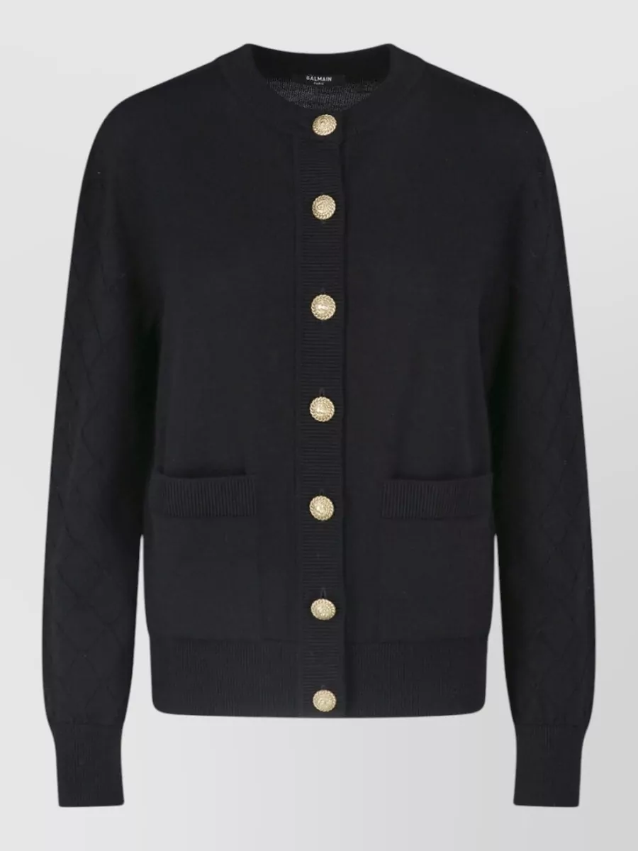 Balmain ribbed-knit quilted virgin wool crewneck cardigan
