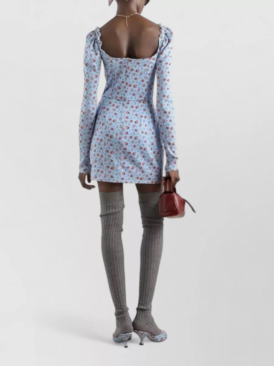Dolce&Gabbana Silk Floral-Print Square-Neck Long-Sleeve Mini Dress