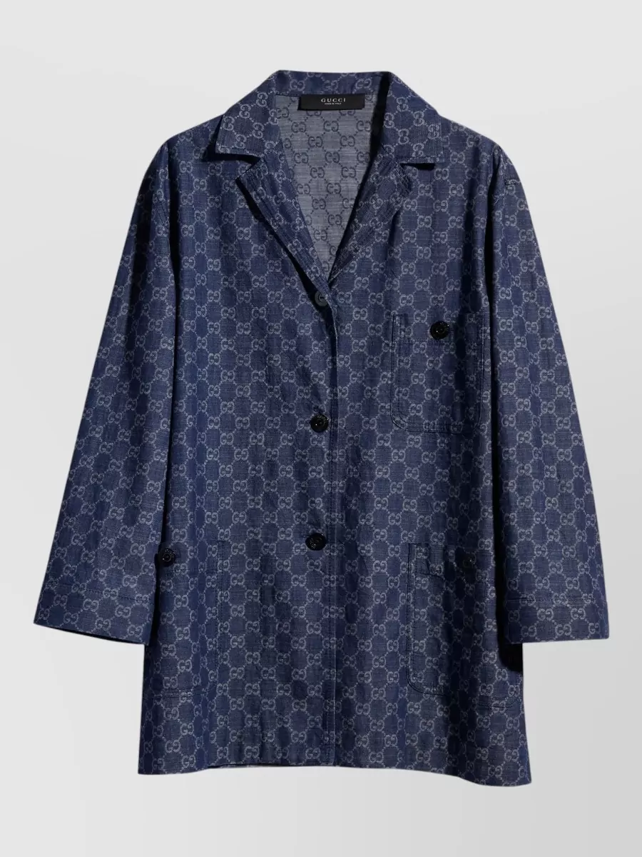 Gucci Light Denim Coat Patterned Front Pockets Lapels In Blue