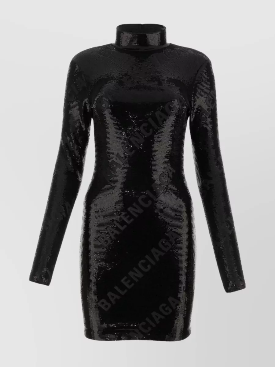 Shop Balenciaga Sequins Mini Dress With Long Sleeves And Turtleneck In Black