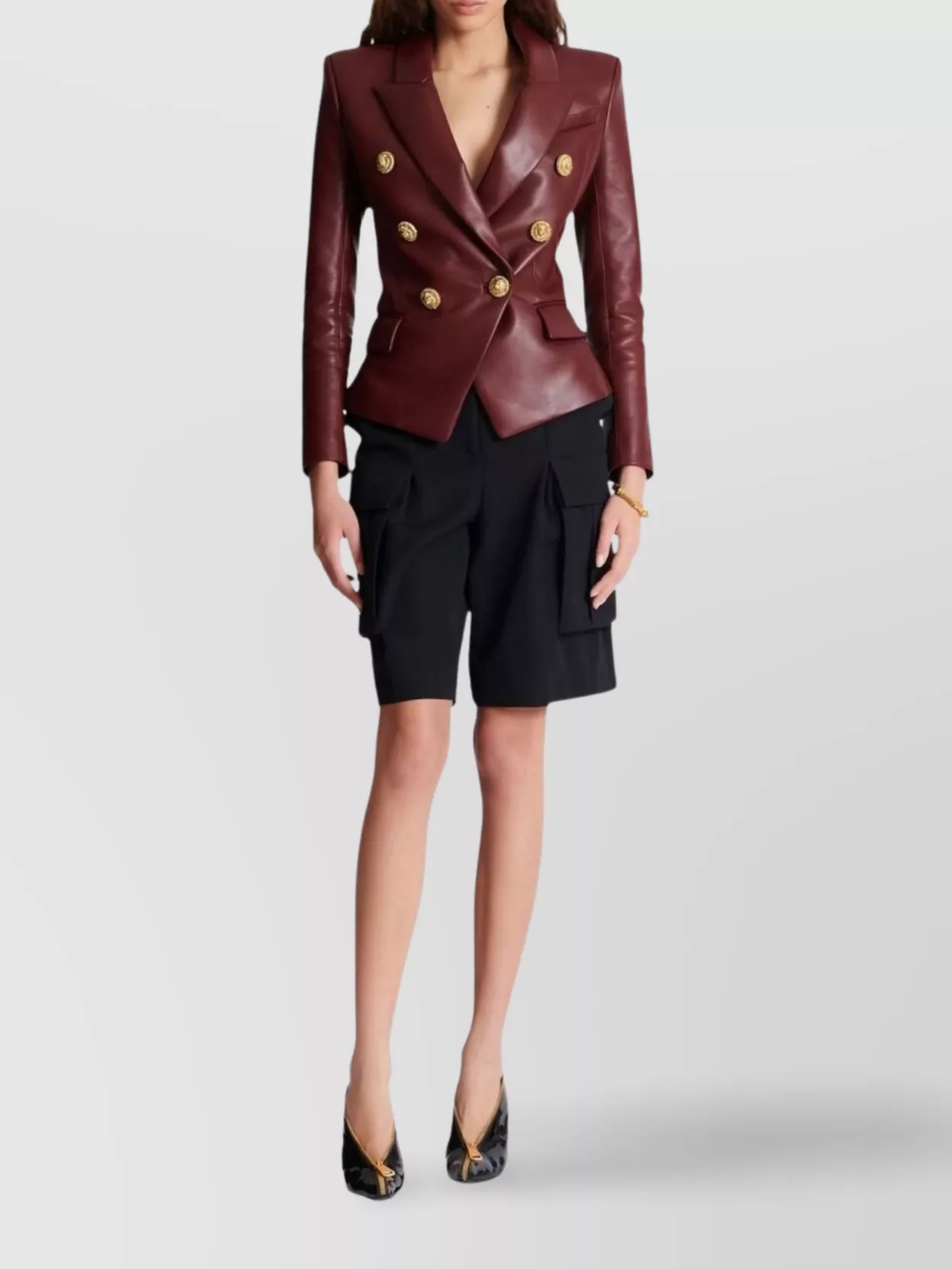 Balmain Double-breasted Lambskin Leather Blazer In Burgundy