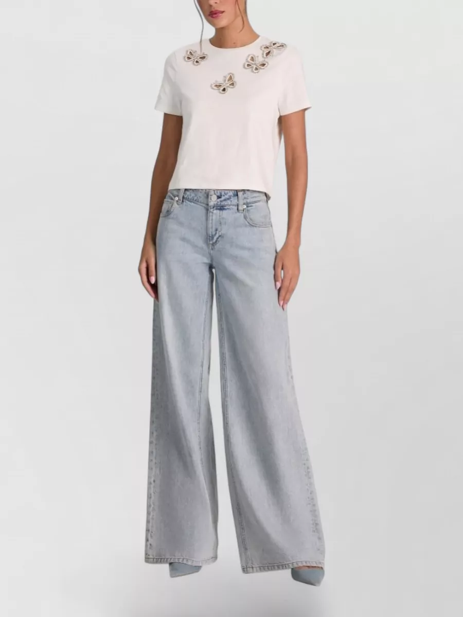 Alice + Olivia Cotton Crystal Embellished Cutout Cropped T-Shirt