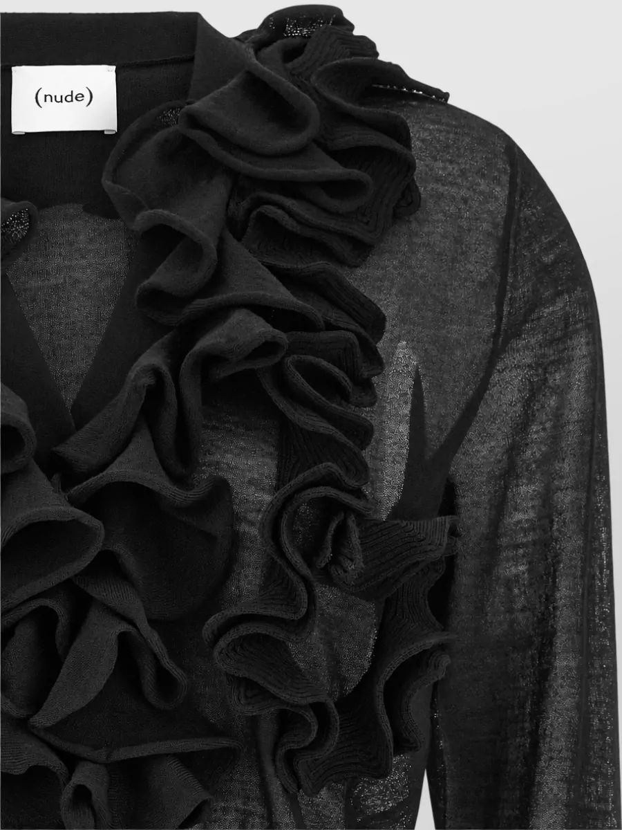 Nude Wool Fine-Knit Ruffle V-Neck Cardigan