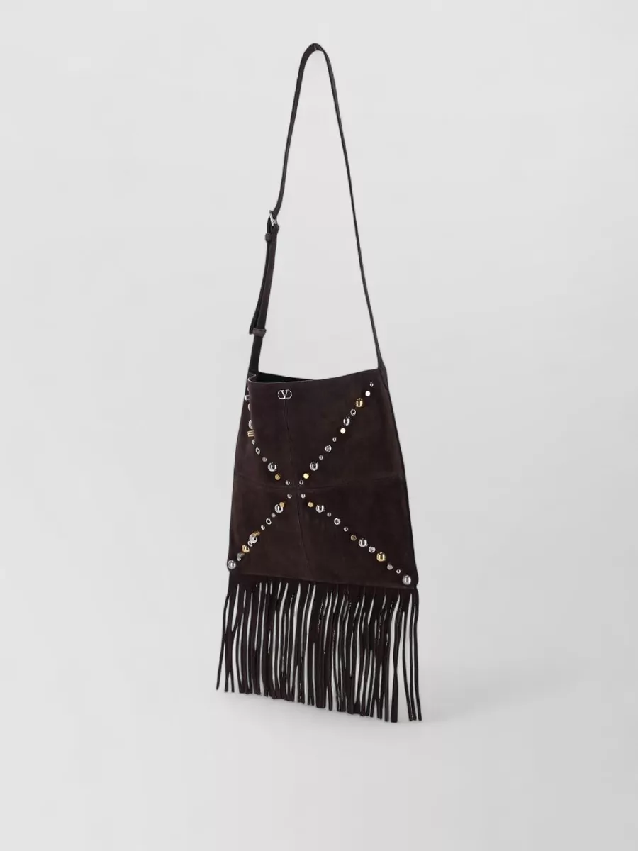 Valentino Suede Shoulder Bag With Fringe And Studs