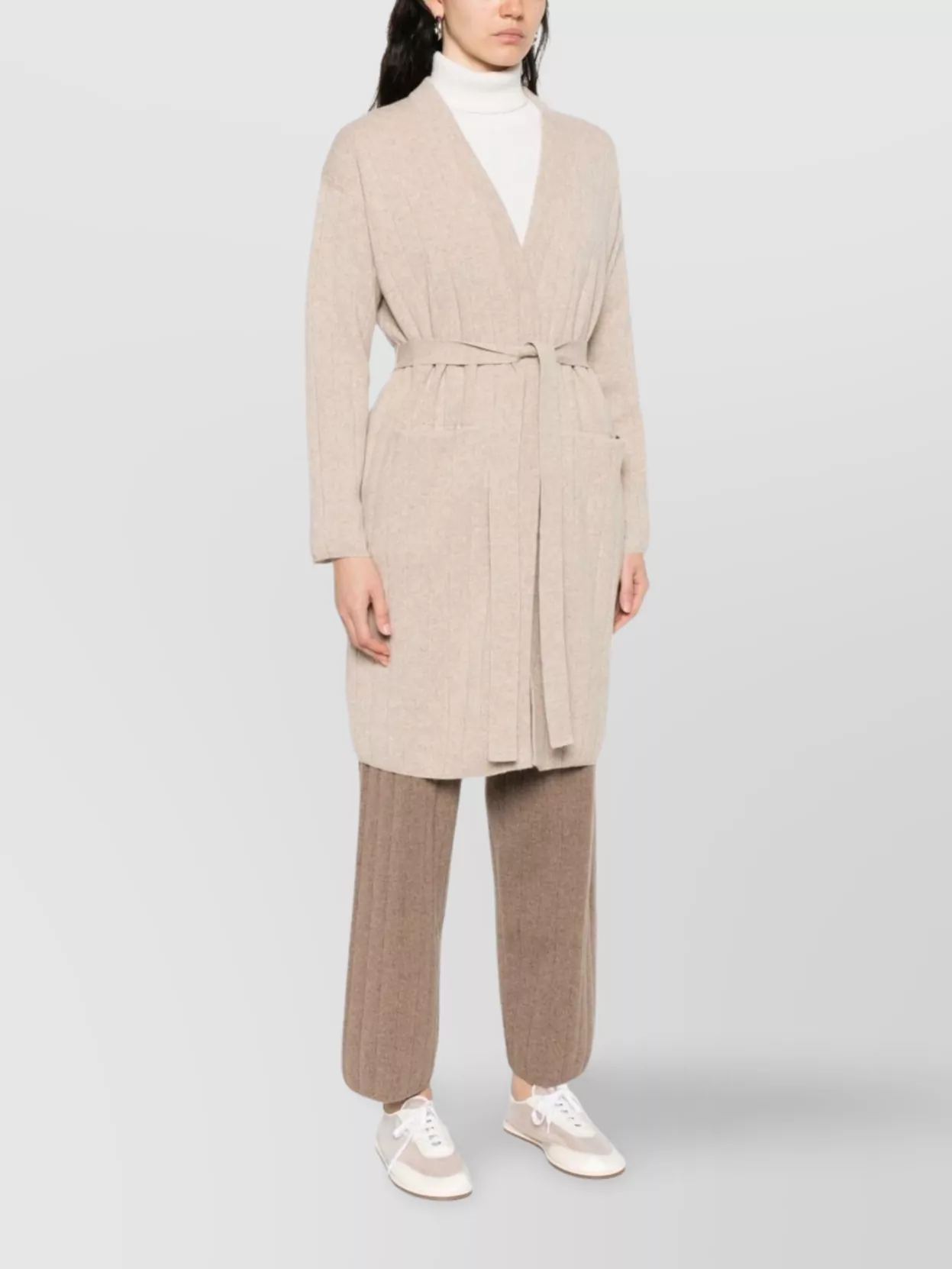 Max Mara Cashmere Cardigan With Belted Waist And Pockets In Neutral