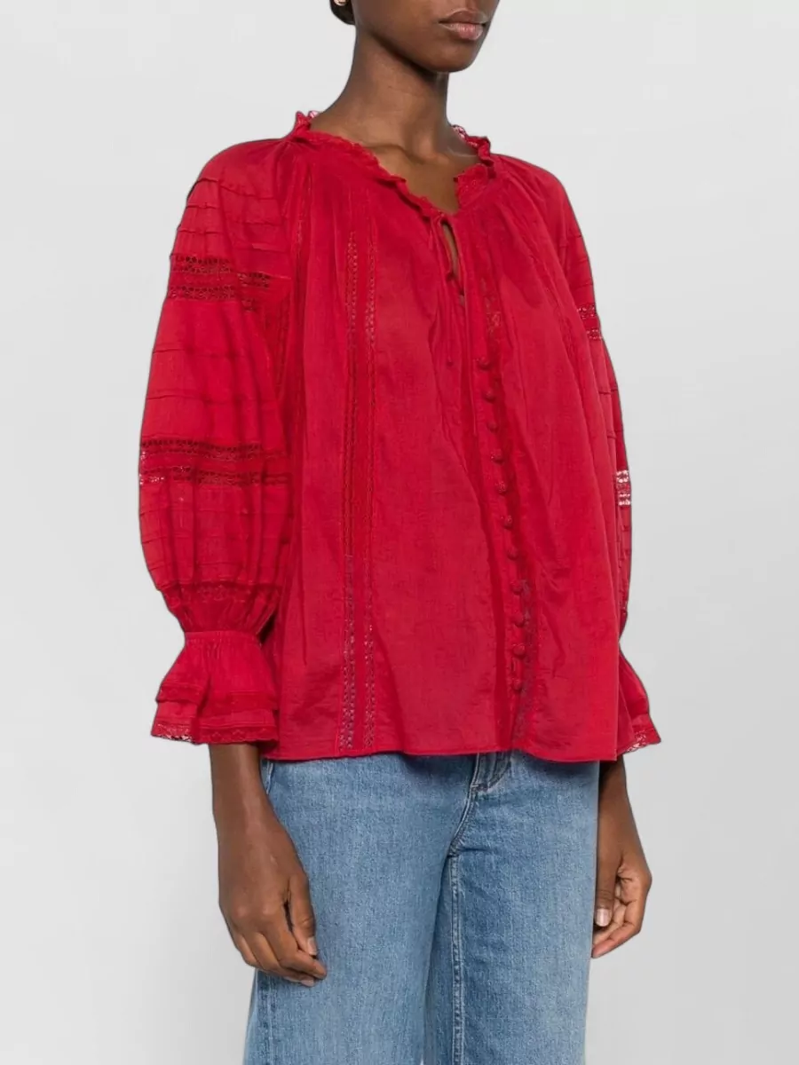 Alice + Olivia Cotton Lace Tie-Neck Blouse