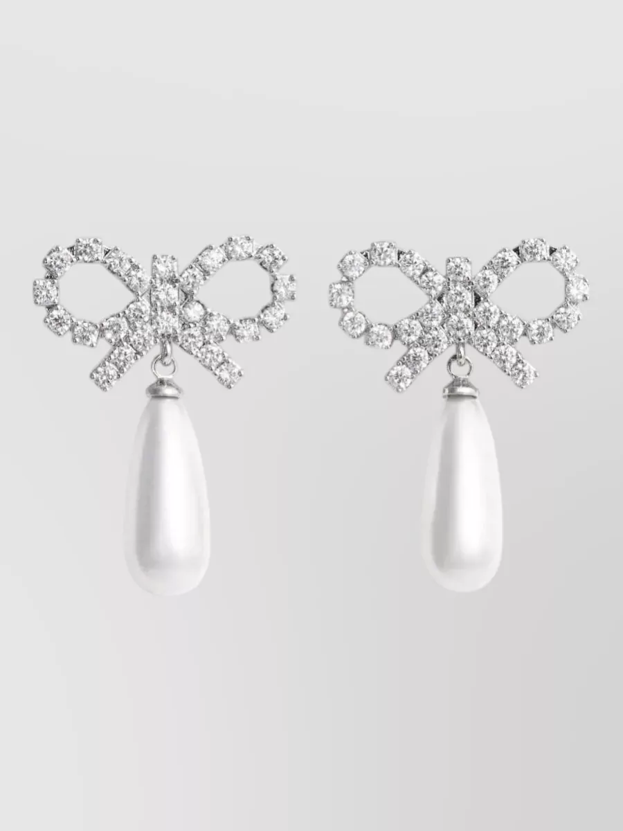 Self-Portrait crystal-embellished bow pearl drop earrings