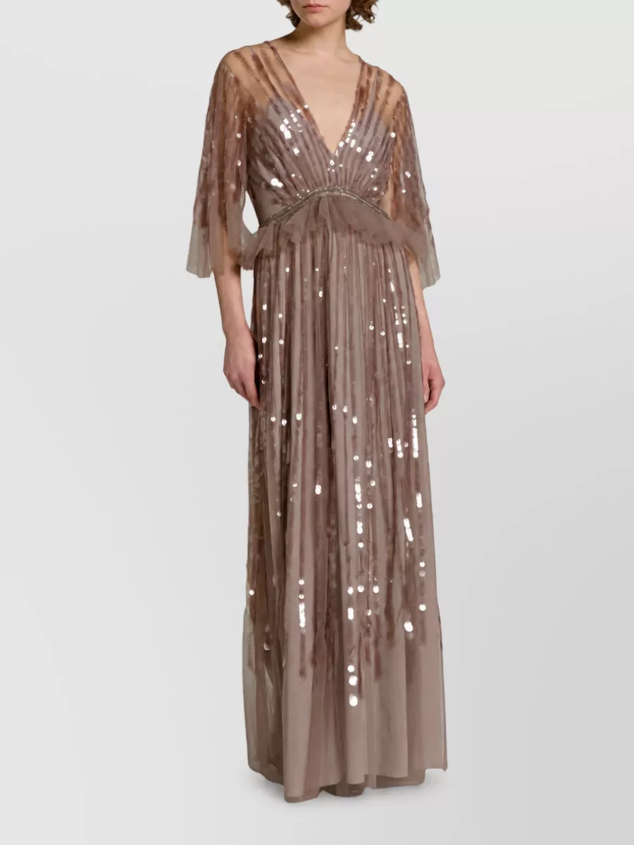 Alberta Ferretti Sequin-Embroidered V-Neck Long-Sleeve Maxi Dress