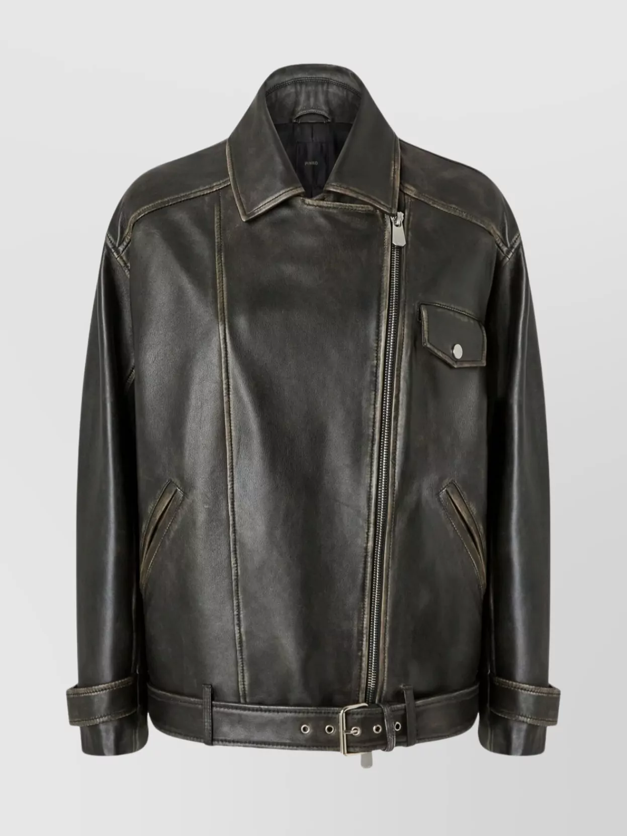 Pinko Leather Jacket With Belted Waist And Pockets In Black