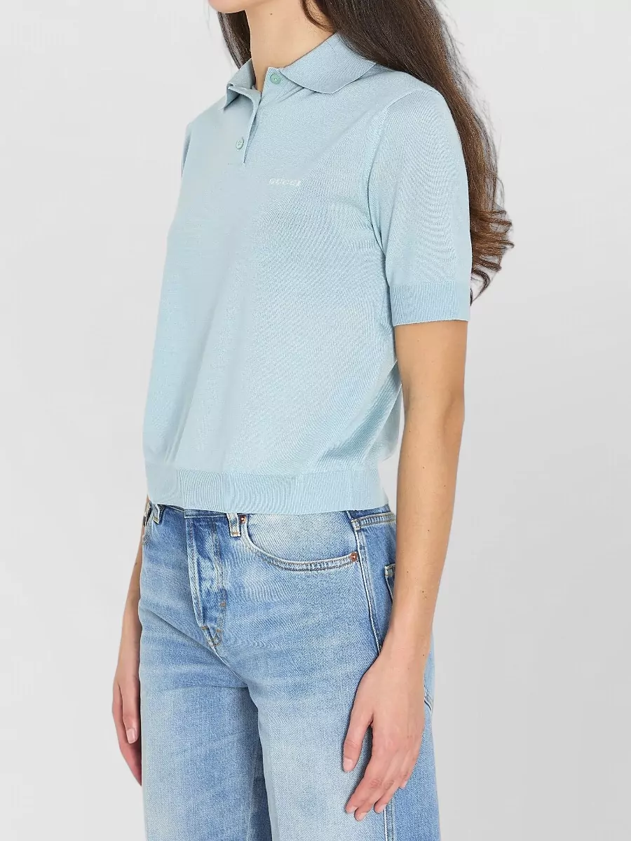 Gucci Cashmere Silk Ribbed Short-Sleeve Cropped Polo Shirt
