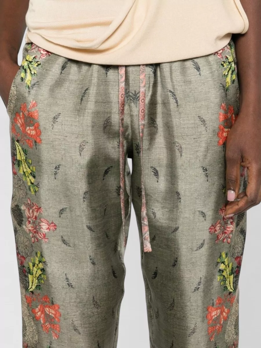 Pierre Louise Mascia Silk Trousers Cropped Length Floral Stripes