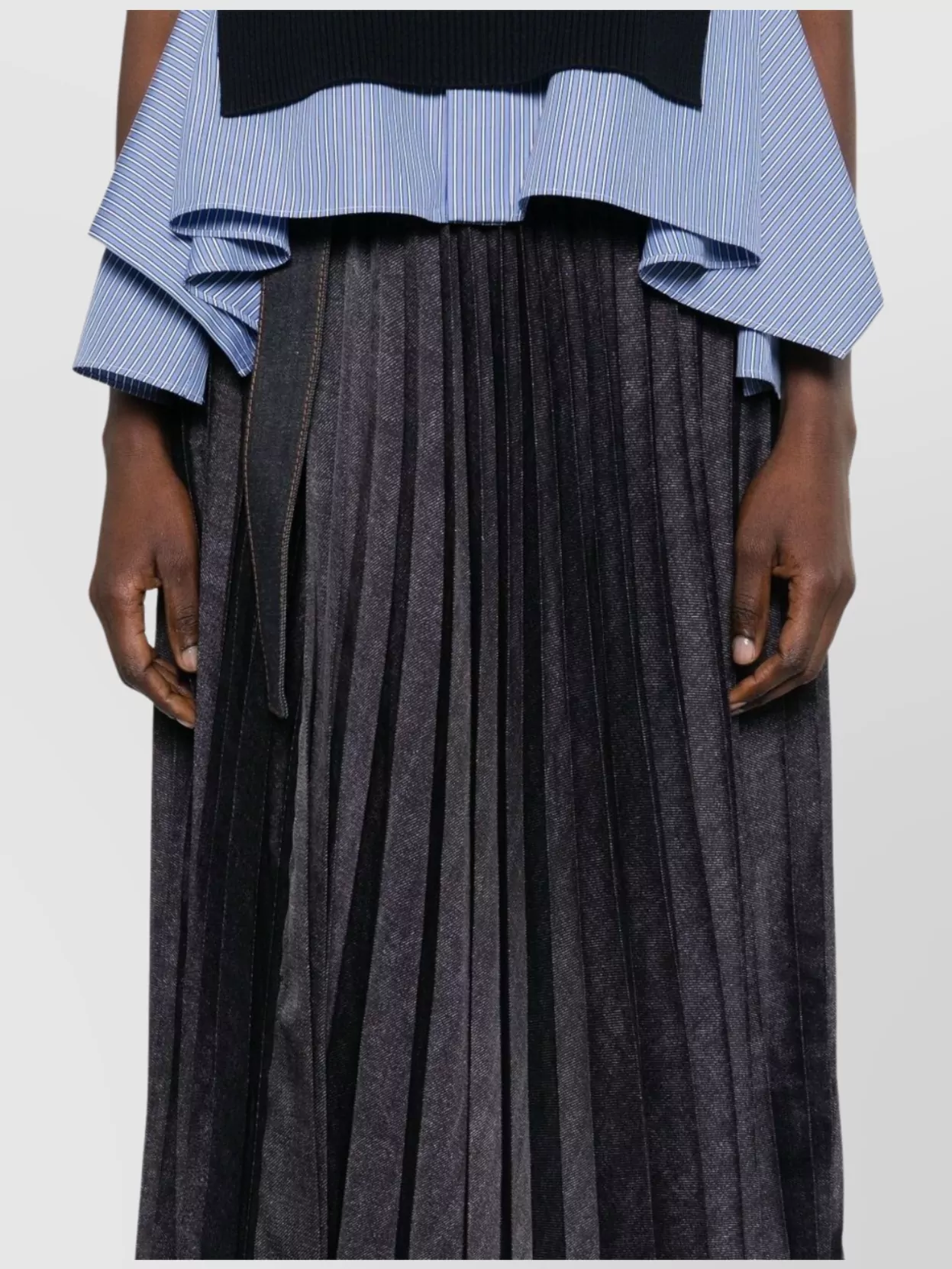 Sacai Pleated Denim Midi Skirt With Belted Waist