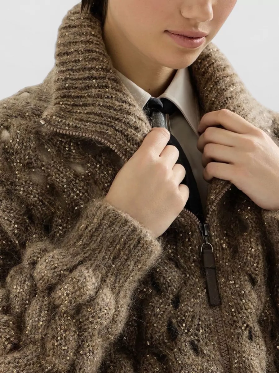Brunello Cucinelli Ribbed Sequined Mohair Blend Cardigan