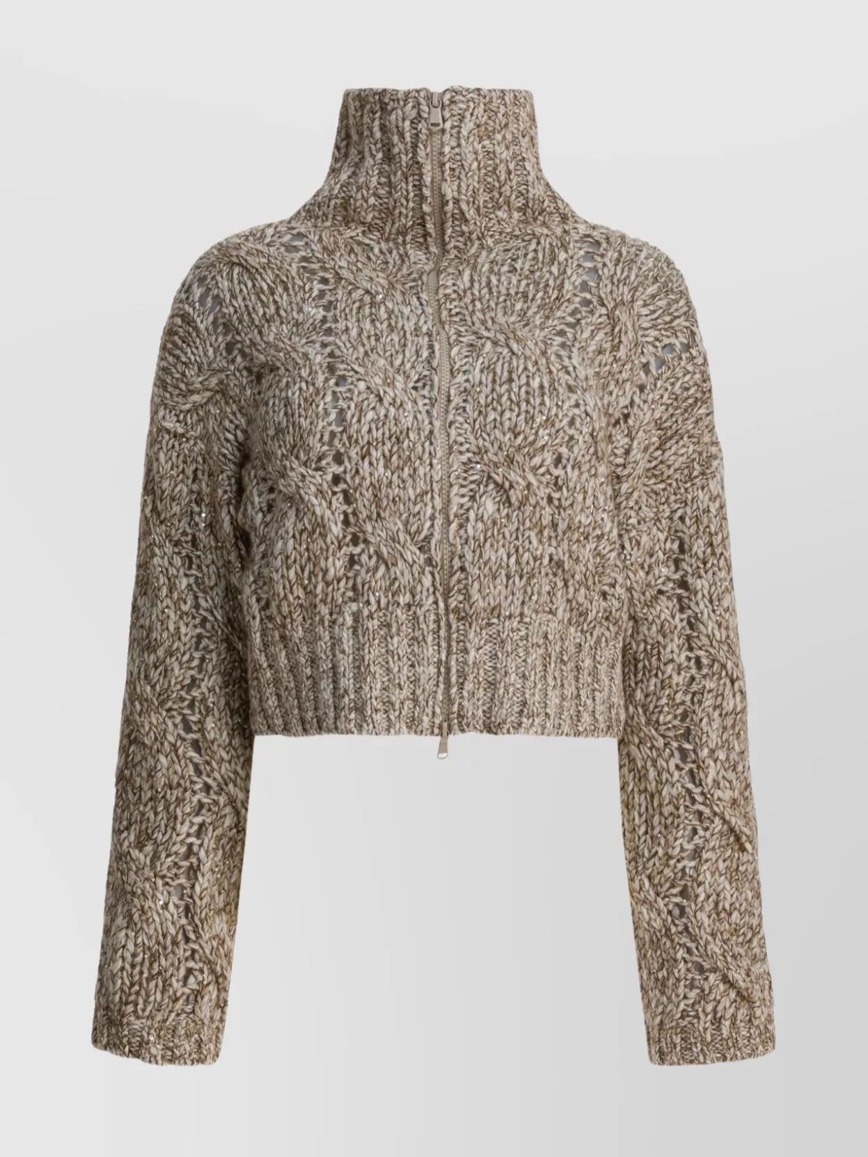 Brunello Cucinelli Cropped Cable Knit High Neck Sweater In Gold