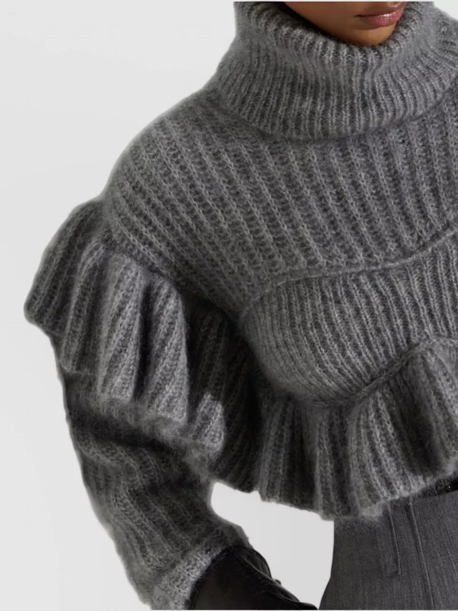 Elisabetta Franchi Mohair Ribbed Ruffled Turtleneck Cropped Sweater