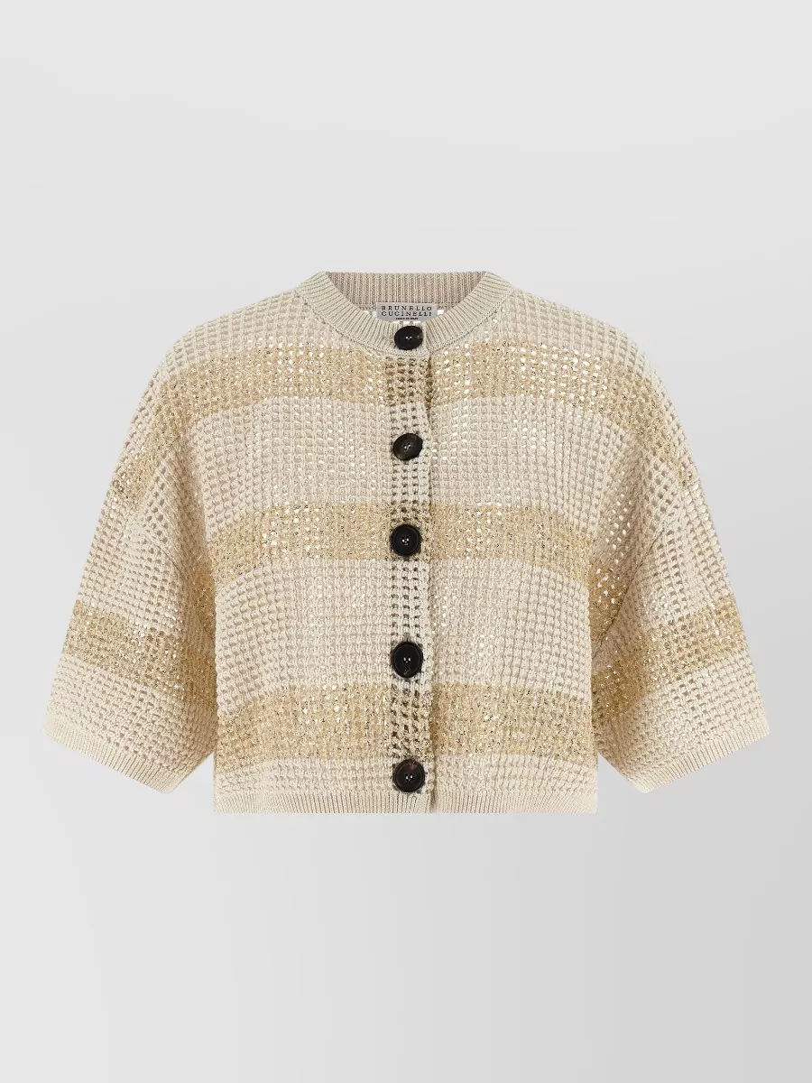 Brunello Cucinelli Striped Openwork Cropped Cotton Cardigan