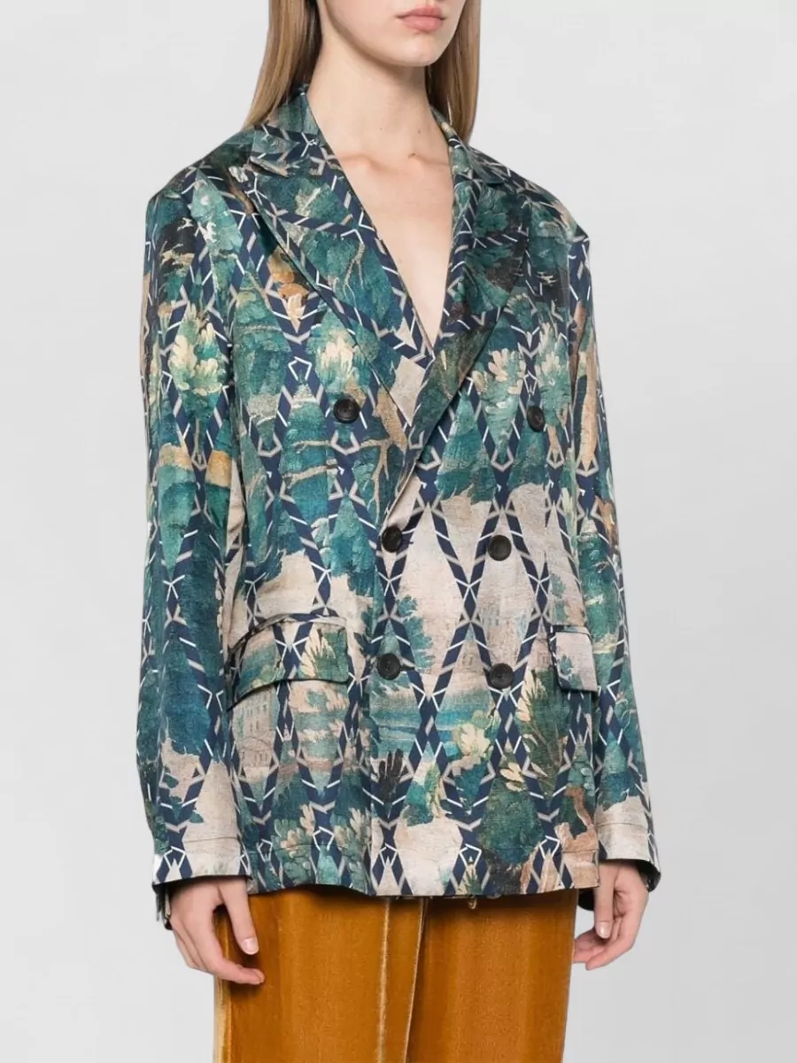 Pierre Louise Mascia Silk Textured Double-Breasted Geometric-Print Blazer