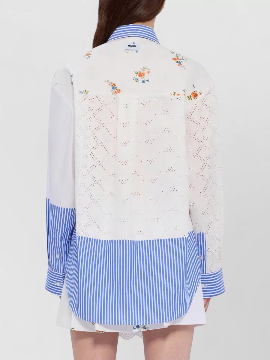 Msgm Long Sleeve Shirt Patchwork Floral Embroidery Stripes