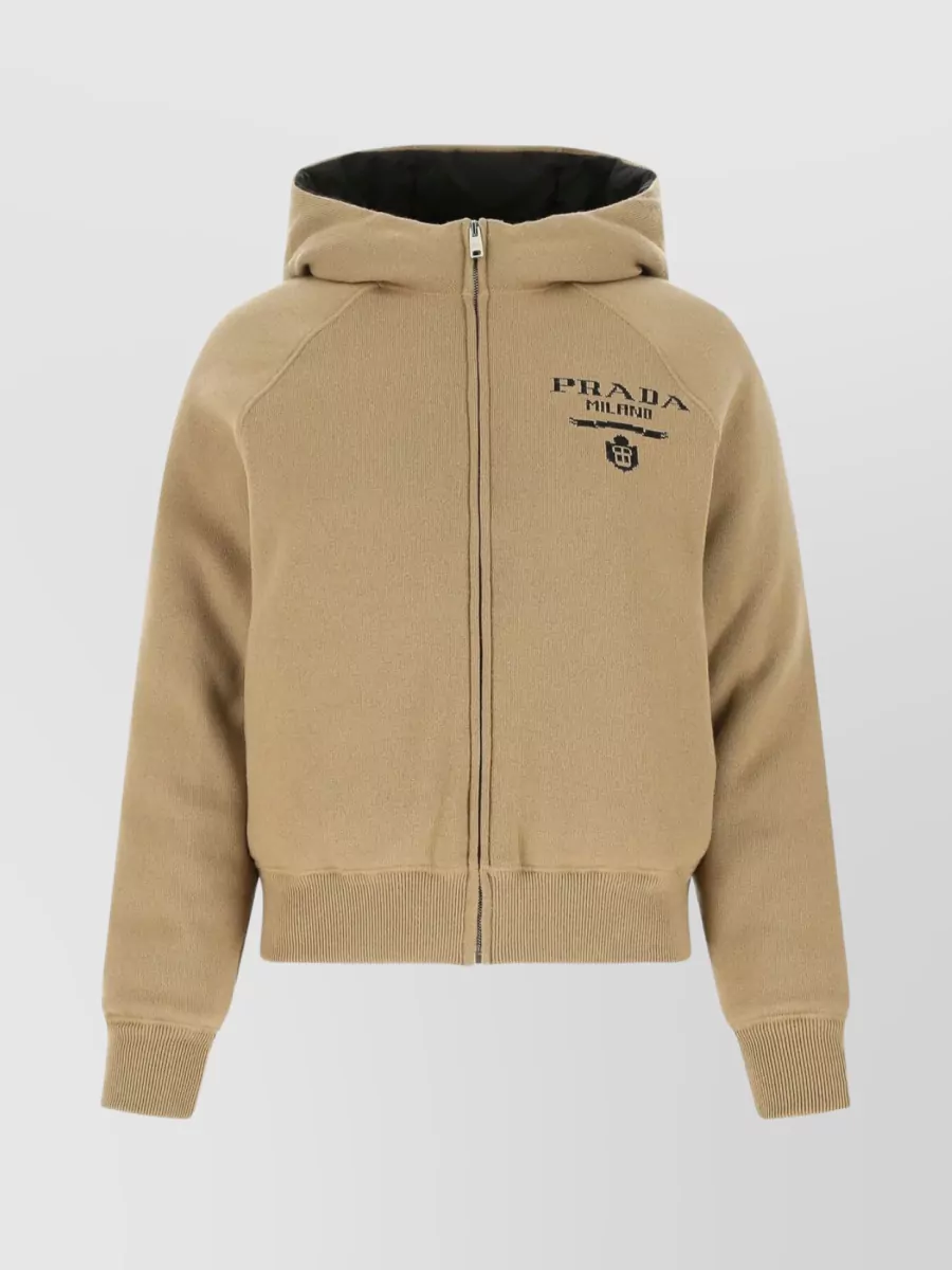 Shop Prada Blend Hooded Jacket With Front Pockets And Ribbed Cuffs In Cream