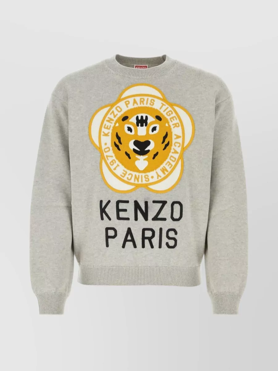 Shop Kenzo Tiger Print Blend Crew-neck Sweater In Cream
