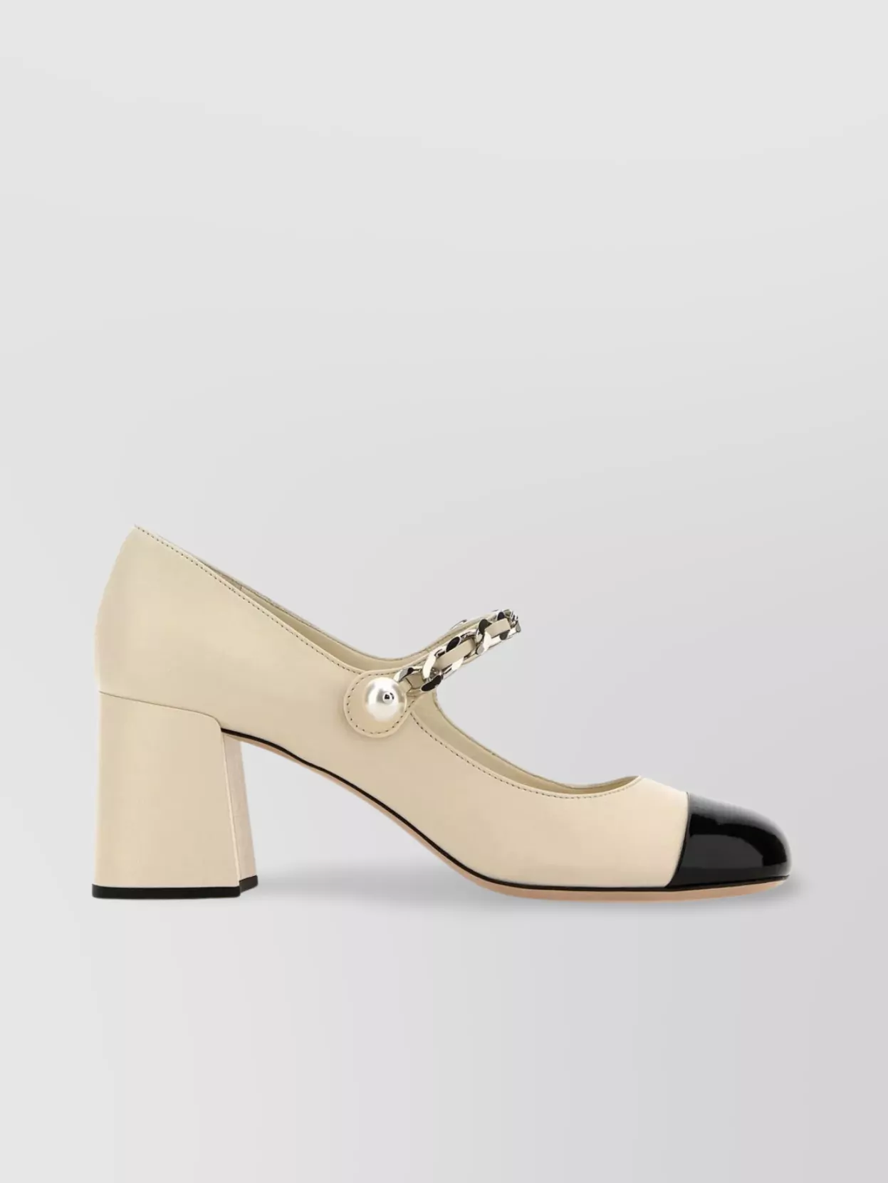Shop Miu Miu Leather Square Toe Pumps With Chunky Heel And Pearl Detail In Beige