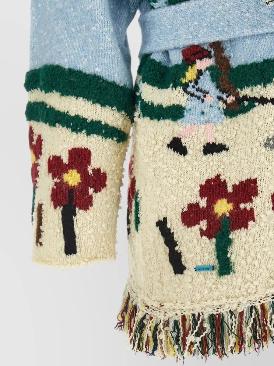 Alanui Wool Jacquard Belted Fringed Cardigan