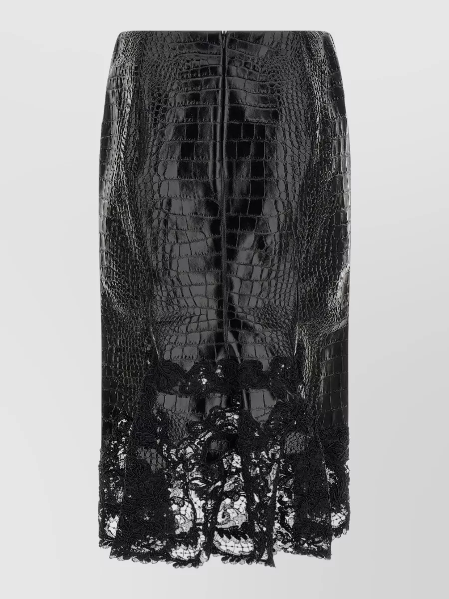 Ermanno Scervino Leather Crocodile-Print Lace-Trim Midi Pencil Skirt