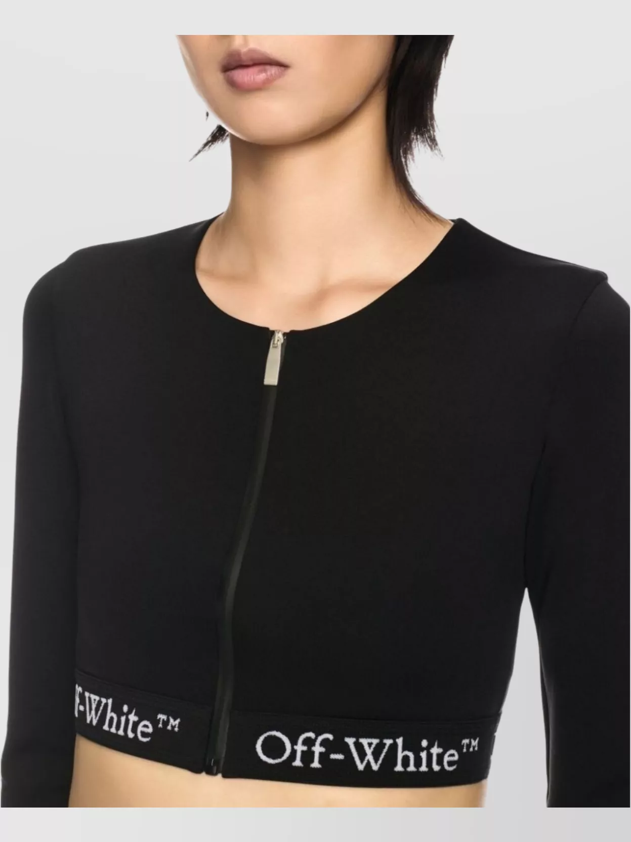 Off-White Crop Top Zip Long Sleeve Round Neck